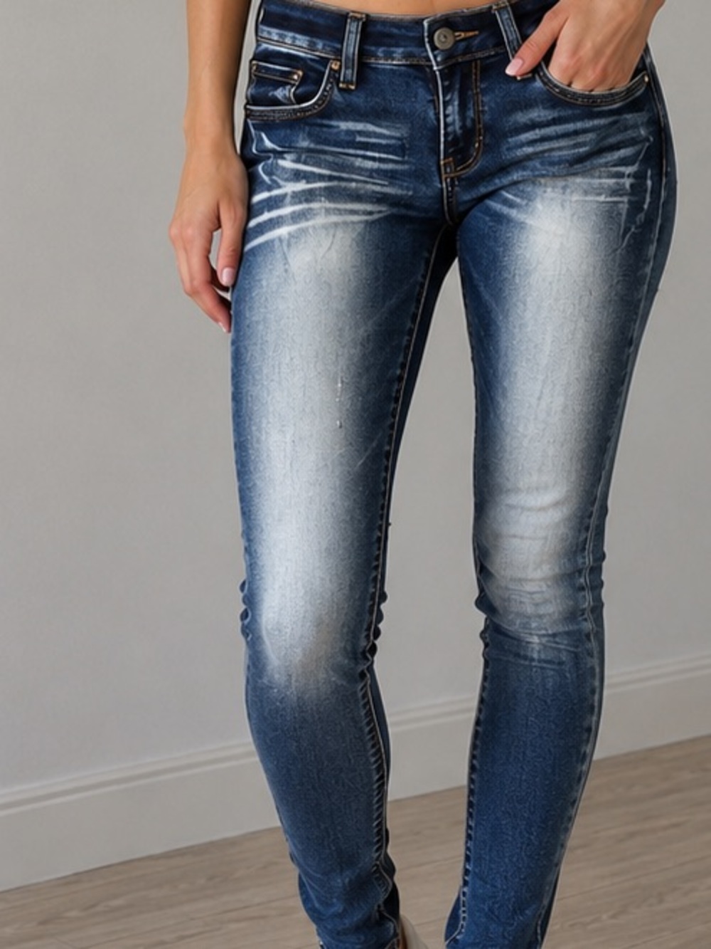 bebe Women's Blue Washed Skinny Jeans with Faded Detailing Y2K